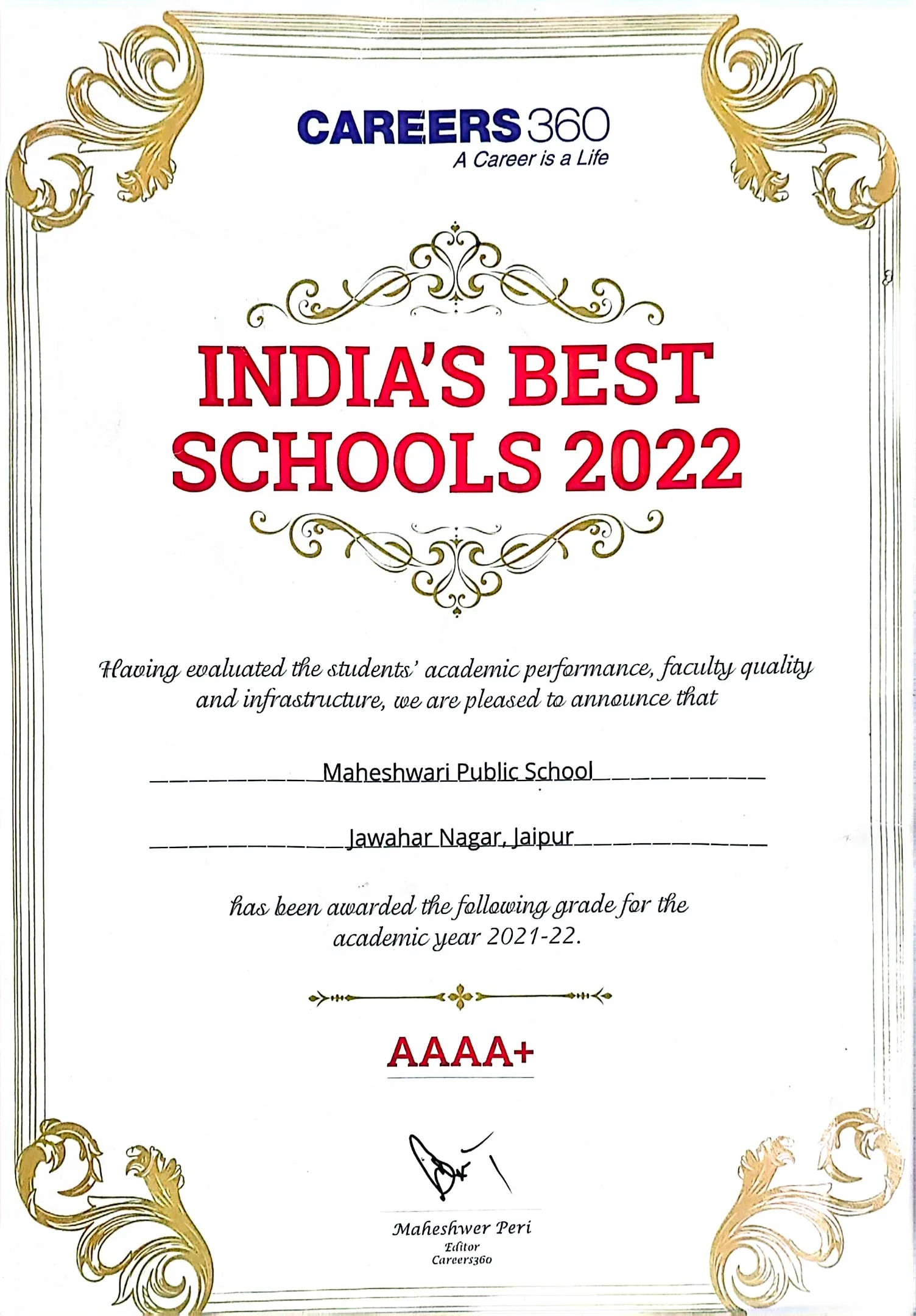 India's Best Schools 2022 award to MPSJN by Careers360