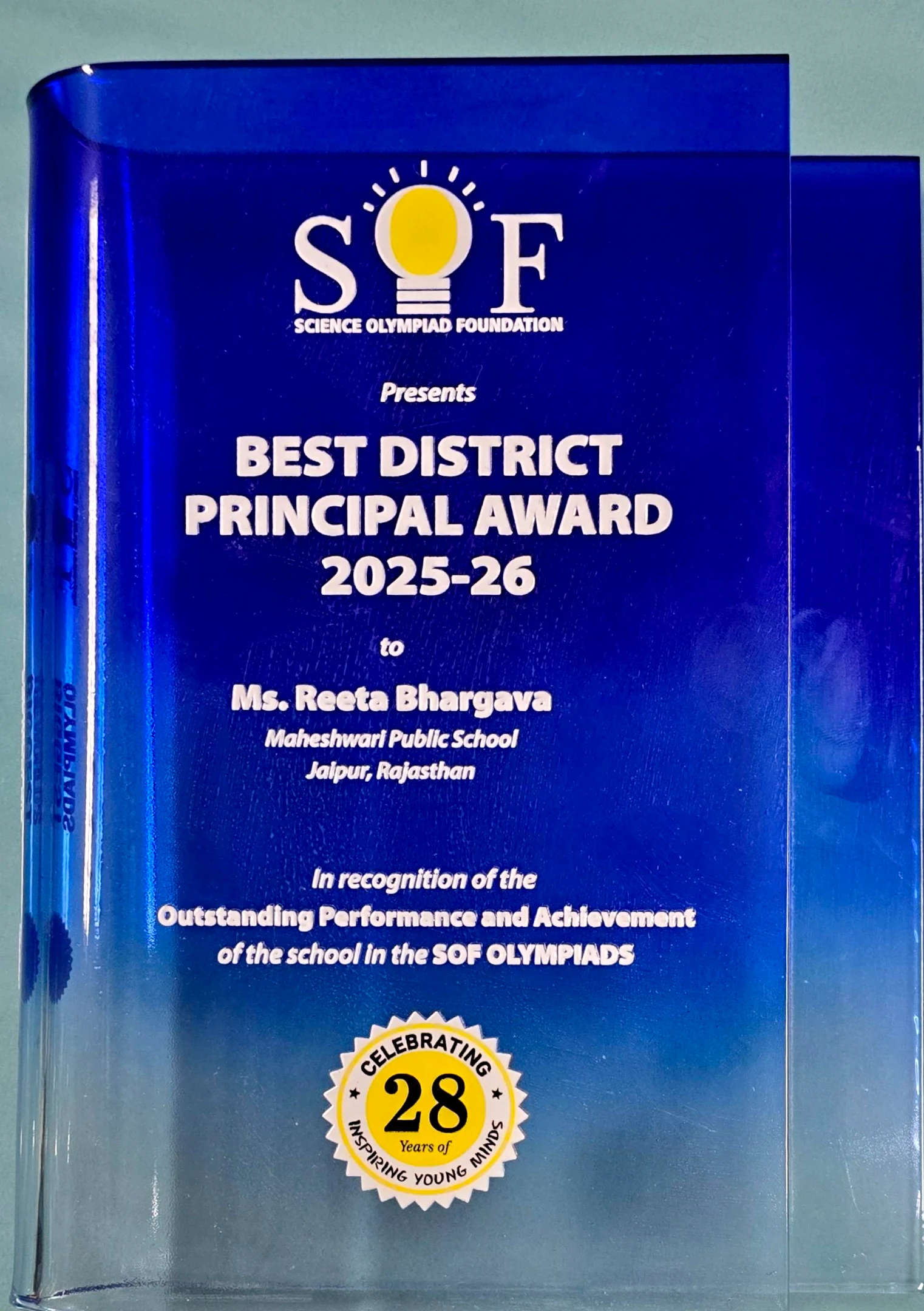 Best District Principal Award to Ms. Reeta Bhargava 2025-26 by SOF